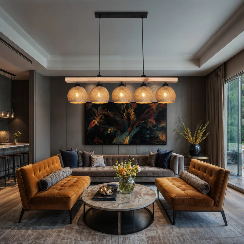 Llambë tavanore pesë-dritëshe Salote E27, ngjyrë kafe-natyrale, 100x18x24cm