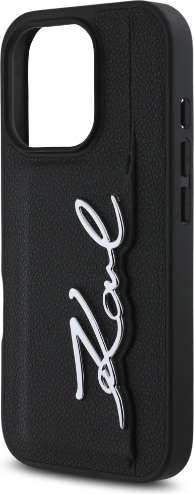 Mbështjellës, Karl Lagerfeld, HC Grained PU Cardslot Metal Signature për iPhone 16 Pro 6.3", xhep kartash, PU i punuar, e zezë