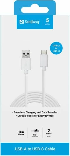 Kabllo Sandberg USB-C 3.1 në USB-A 3.0 136-14, 2 m, 60 W, 5 Gbps, e bardhë