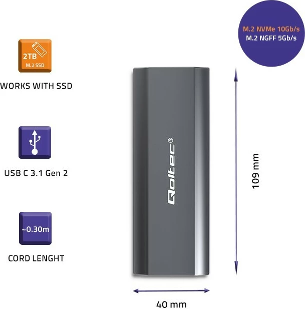 Kasë Qoltec NV2271 për SSD M.2, NVMe/SATA, USB-C, 2TB, Gri