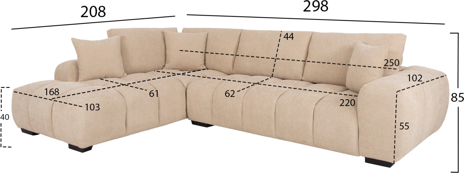 Këndi i divanit (majtas) COVEN FH3266.01L, pëlhurë ecru, 298x102-208x85H cm