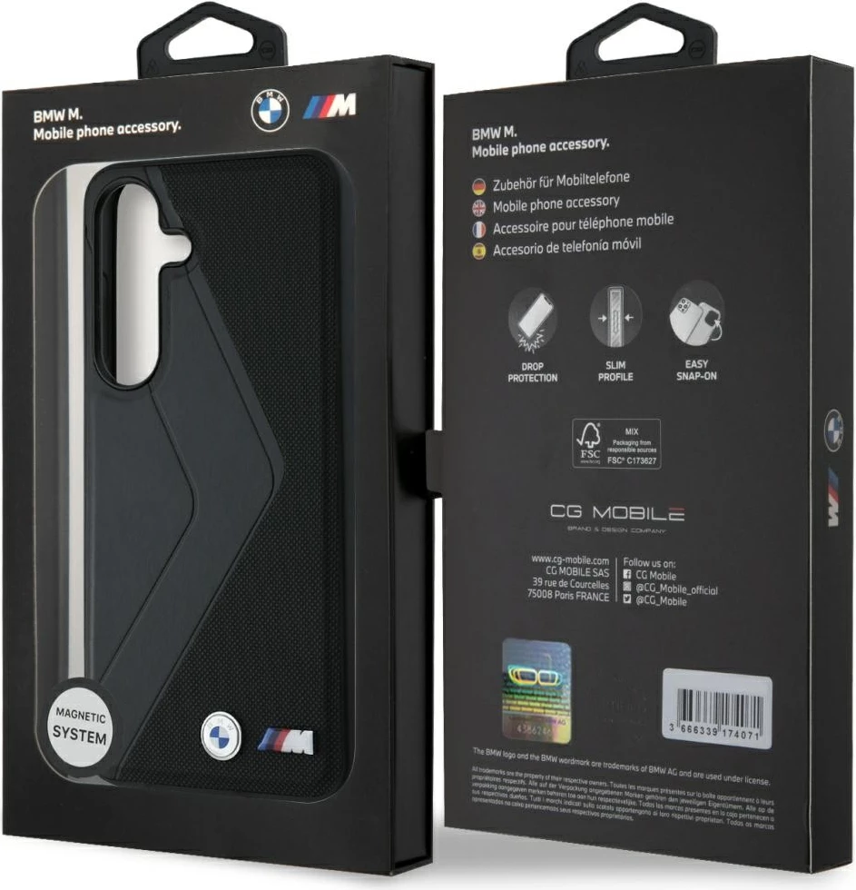 Mbështjellës BMW Leather Oversized Stripes MagSafe për Samsung Galaxy S25, i zi