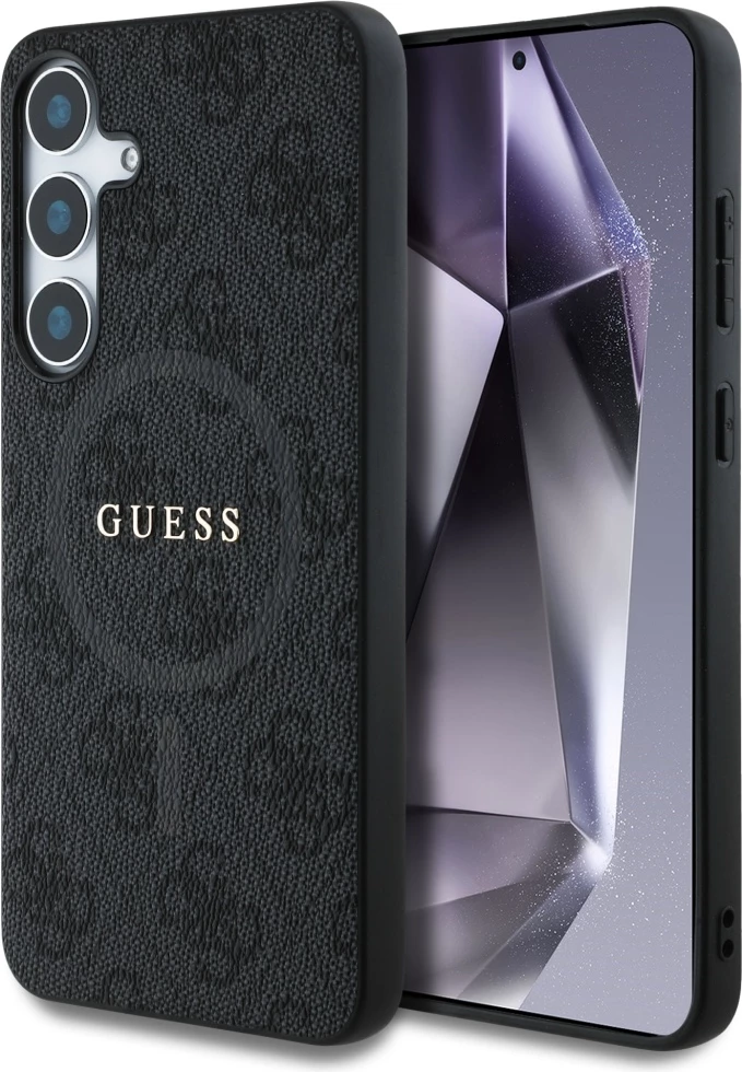 Mbështjellës Guess Leather 4G Colored Ring Classic Logo MagSafe për Samsung Galaxy S25, i zi