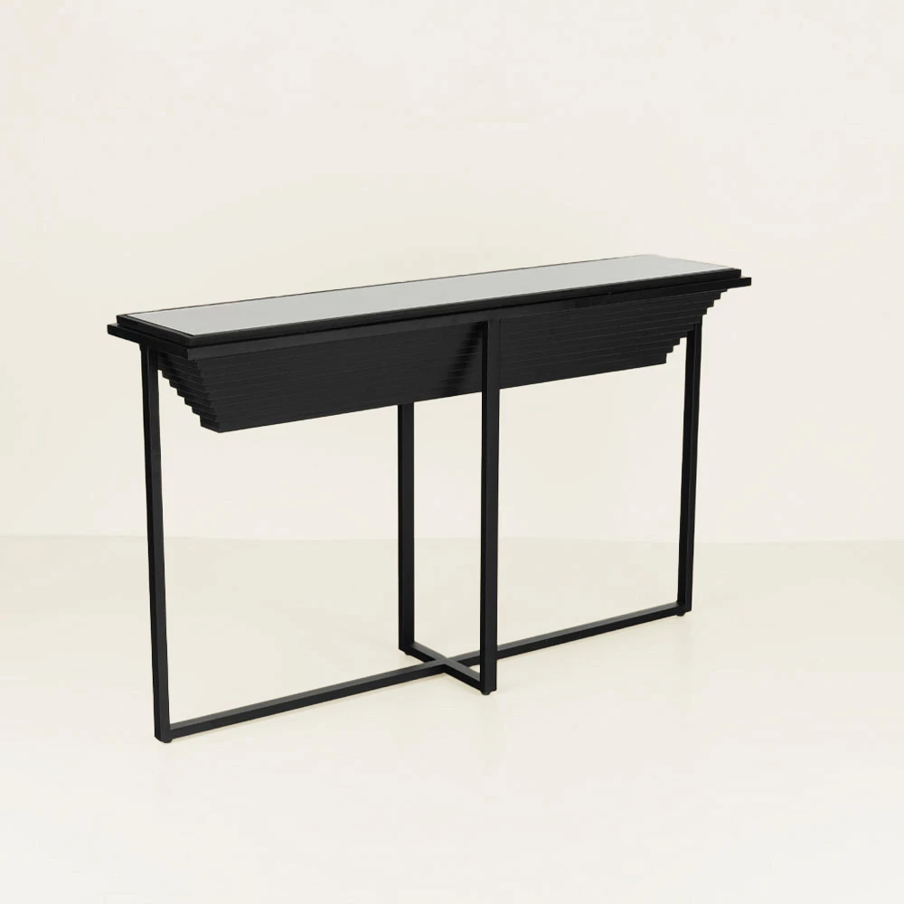 Konsol Cheops, dru bredhi, xham i zi, metal, 134x32x82cm