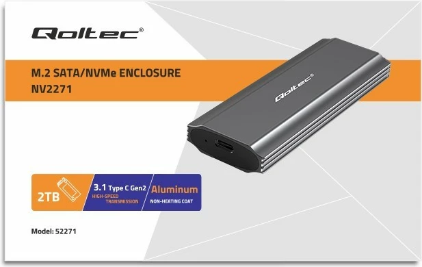 Kasë Qoltec NV2271 për SSD M.2, NVMe/SATA, USB-C, 2TB, Gri