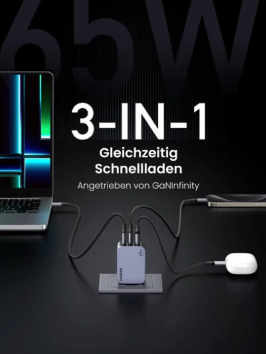 Karikues USB-C/USB-A UGREEN Nexode Pro 65W, 3-port, me kabllo USB-C 100W 1.5m, gri