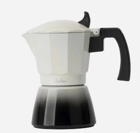 Makinë kafeje italiane (moka) JATA Bistrea HCAF2409, 9 filxhana, për induksion, trup alumini, bardhë-zi