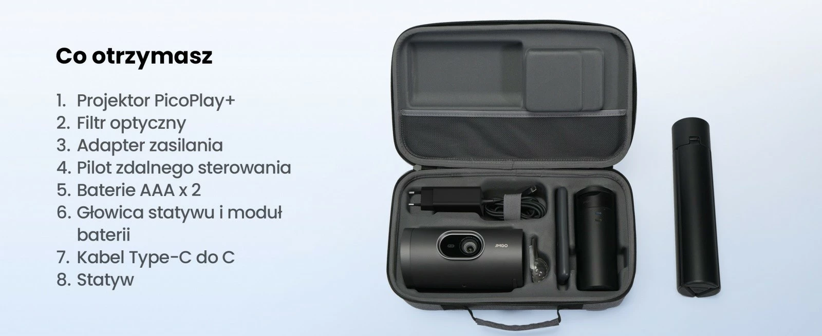 Projektor portabël, JMGO PicoPlay+ Pack J61-7K4 URJMG, 1080p FHD 450 ISO lm, Google TV, Wi‑Fi/Bluetooth, HDMI/USB‑C, altoparlant 8W, antracit, set me tripod dhe power bank 20,000mAh