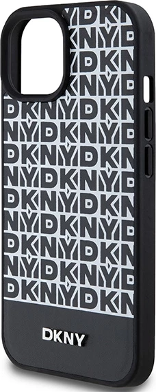 Mbështjellës DKNY Leather Printed Pattern Metal Logo MagSafe për iPhone 15/14/13, i zi