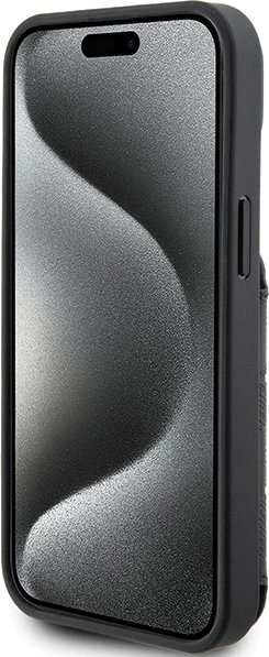 Mbështjellës Karl Lagerfeld Saffiano Cardslots & Stand Monogram Ikonik Patch për iPhone 15, i zi