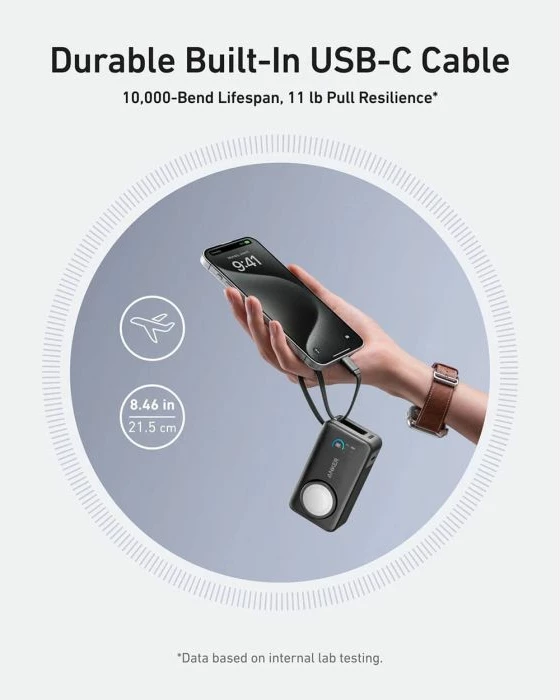 Powerbank Anker MagGo A1657H11 10000 mAh 35W me kabllo USB-C të integrume dhe karikim pa kabllo për Apple Watch, gri e errët