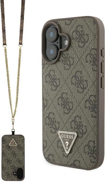Mbështjellës Guess për iPhone 16, lëkurë, crossbody, kafe
