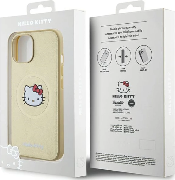 Mbështjellës Hello Kitty Leather Kitty Head MagSafe për iPhone 14, lëkurë artificiale, ari