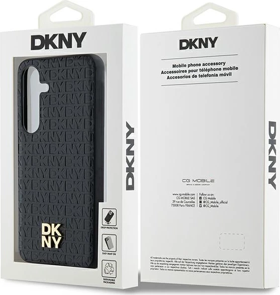 Mbështjellës DKNY Leather Pattern Metal Logo MagSafe për Samsung Galaxy S24, i zi