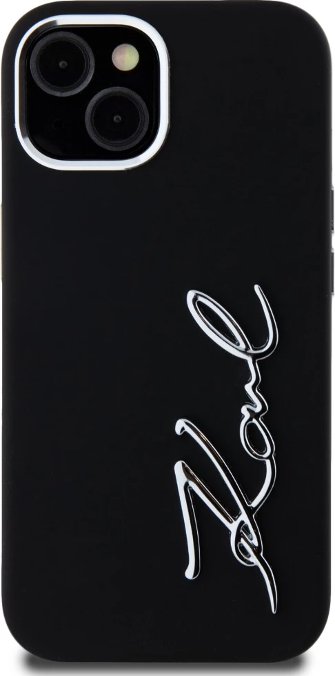 Mbështjellës Karl Lagerfeld Silicone Metal Script Logo për iPhone 15, i zi