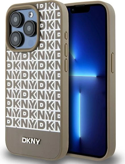 Mbështjellës DKNY Leather Printed Pattern Metal Logo MagSafe për iPhone 15 Pro, Kafe