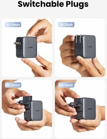 Karikues udhëtimi UGREEN Nexode 65W (MPN 90409), GaN II, PD 3.0, 2x USB-C + 1x USB-A, set adaptera EU/US/UK, zi/gri