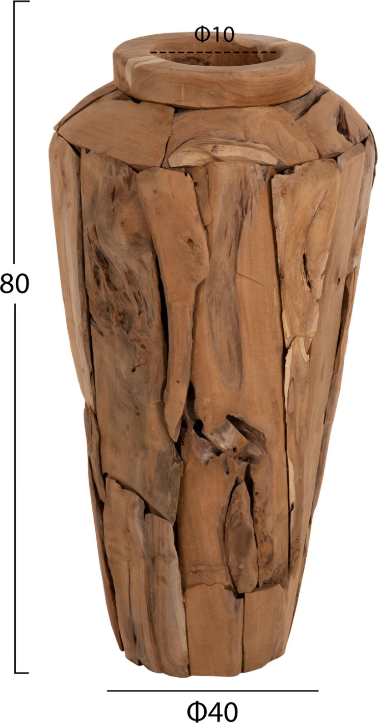 Vazo dekorative për dysheme, copa druri teak të ricikluara, ngjyrë natyrale, Φ40x80H cm