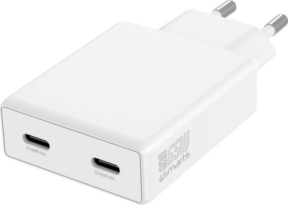 Karikues muror GaN 65 W, 4smarts PDPlug Slim Dual 4SM000010, 2x USB-C PD, i bardhë
