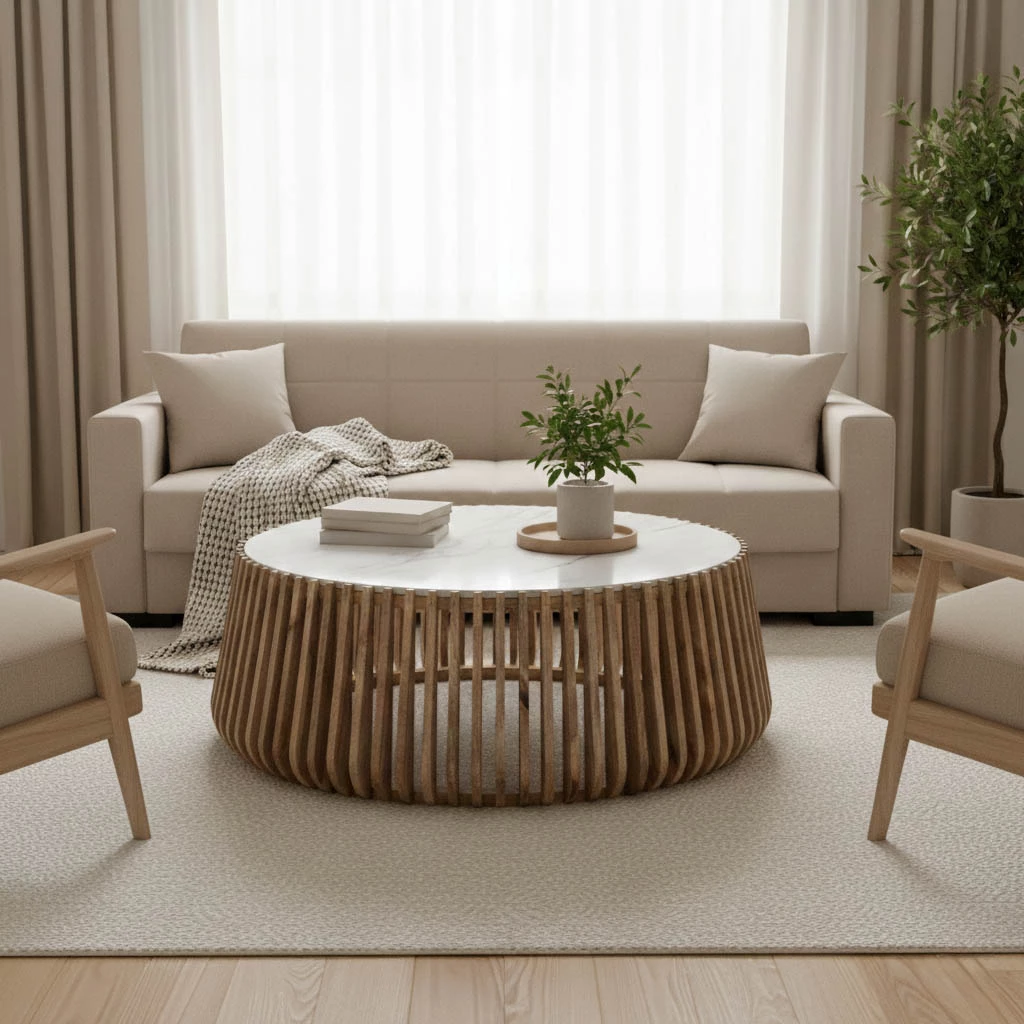 Tavolinë kafeje, dru mango natyral, sipërfaqe mermeri, D120x45cm