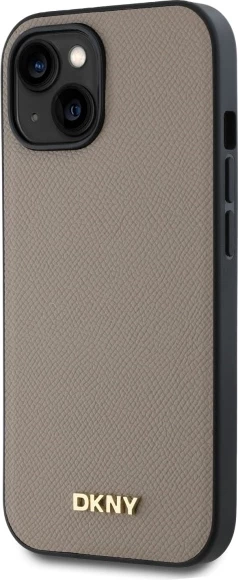 Mbështjellës DKNY Grained Metal Logo MagSafe për iPhone 15, Bezhe