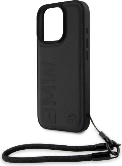 Mbështjellës BMW Signature Leather Wordmark Cord për iPhone 16 Pro Max, Lëkurë, Zi