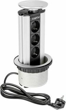 Prizë e integrume GTV AE-BPW3GS-80, 3x 230V Schuko, Ø100mm, kabllo 1.5m, e argjendtë