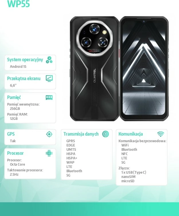 Celular OUKITEL WP55 5G 12/256GB 6.6" 120Hz Android 15 11000mAh IP68/IP69K MIL-STD-810H NFC DS e zezë