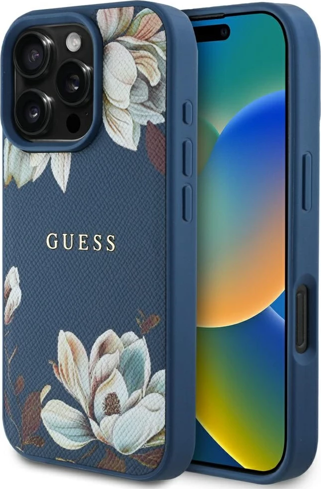 Mbështjellës Guess Grained Printed Flower Pattern MagSafe për iPhone 16 Pro, Blu