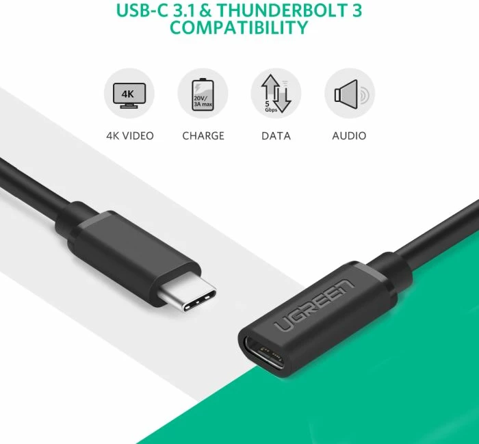 kabllo zgjatëse USB-C, UGREEN 40574, USB-C (male) në USB-C (female), USB 3.1, 0.5m, PD 60W 3A, 5Gbps, e zezë, polybag