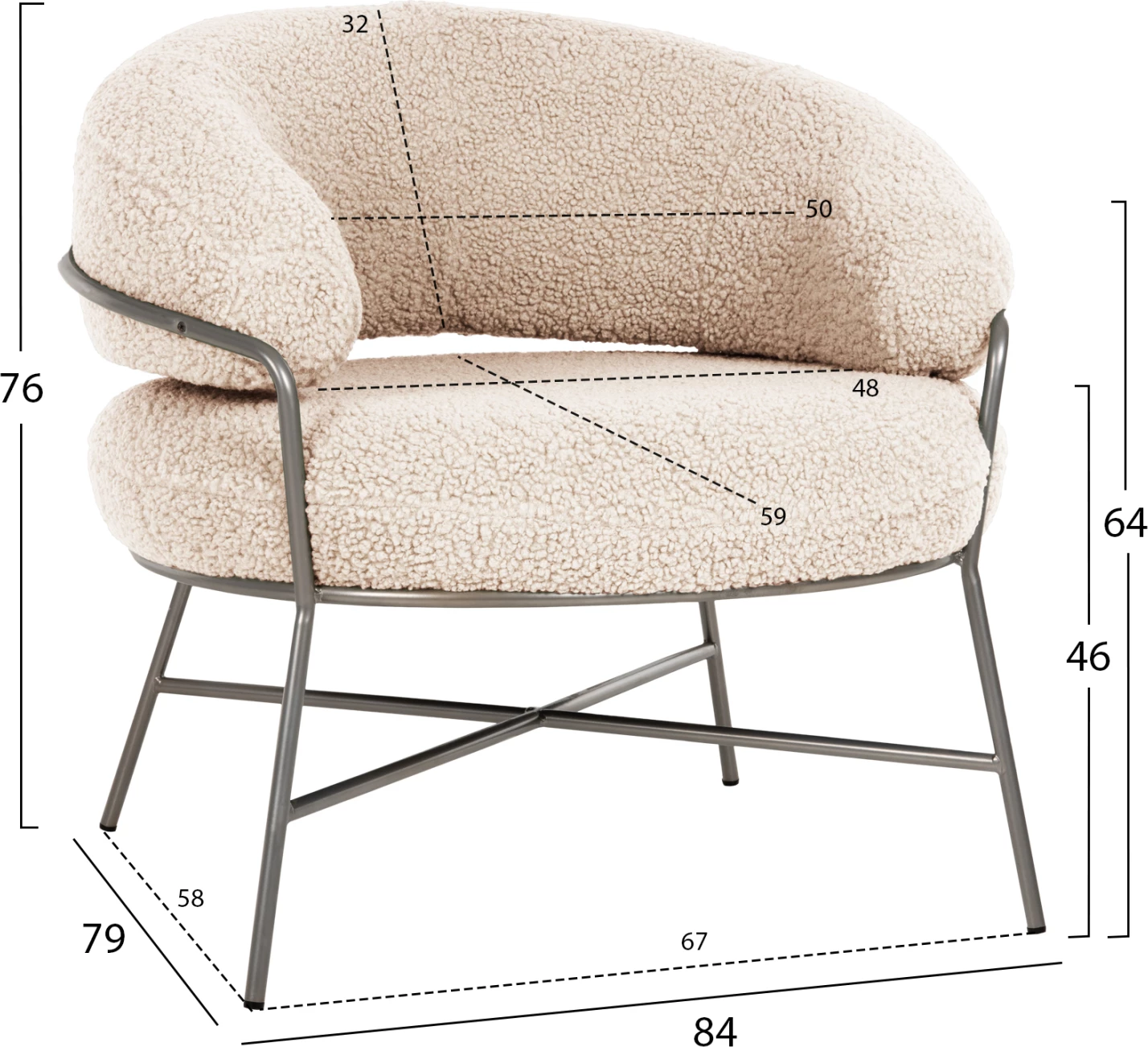 Fotelje TRUDI FH8639.23, pëlhurë boucle e bardhë dhe kornizë metalike argjendi, 84x79x76H cm