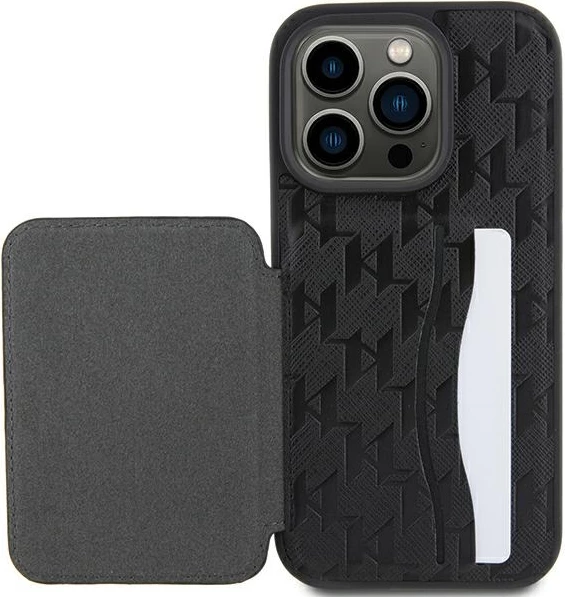 Mbështjellës Karl Lagerfeld Saffiano Cardslots & Stand Monogram Choupette për iPhone 15 Pro, e zezë