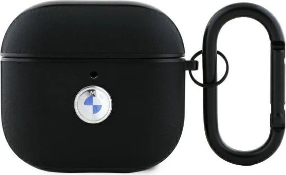 Mbështjellës BMW BMA4SSLBK për AirPods 4, lëkurë natyrale, logo argjendi, e zezë