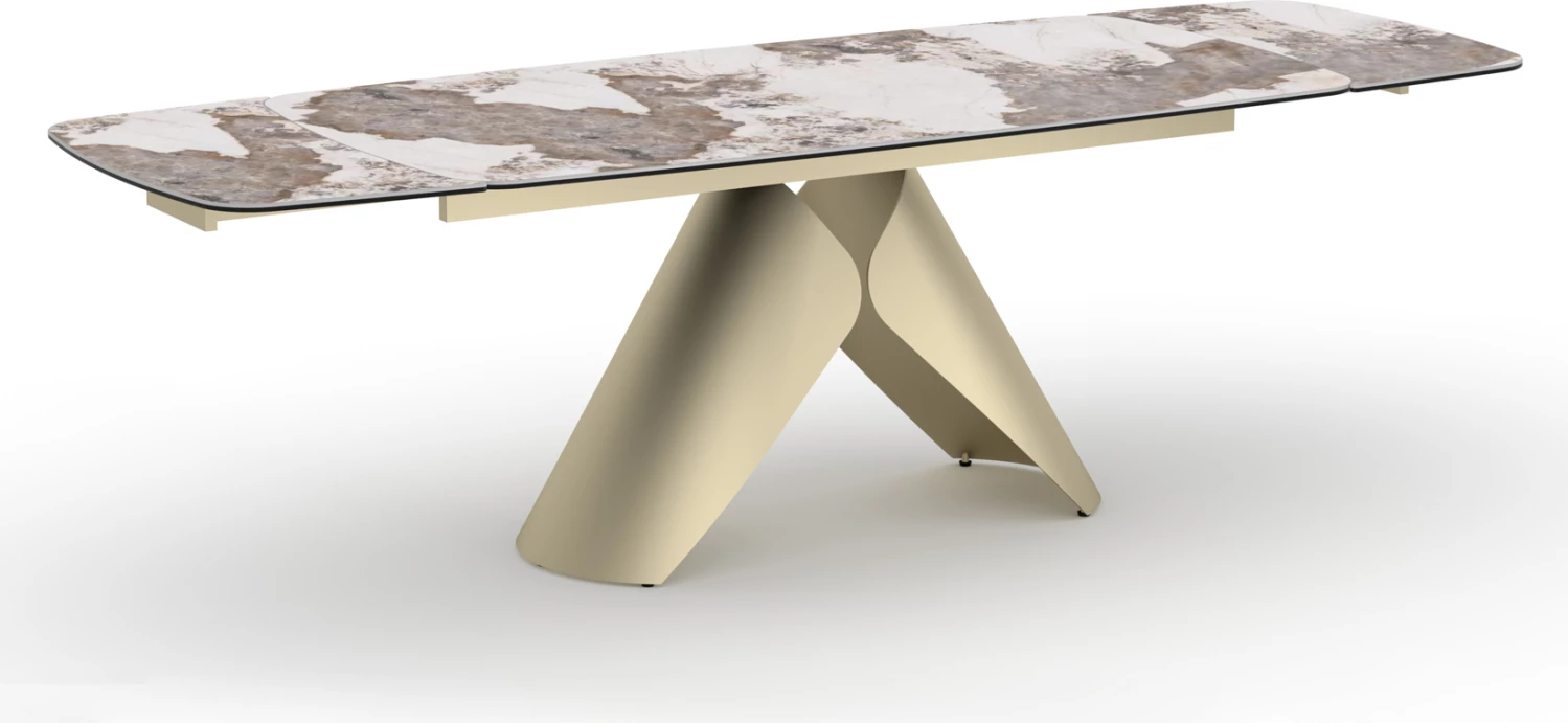 Tavolinë ngrënieje e zgjatshme Hyperion, sipërfaqe qeramike, këmbë metalike, ngjyrë shampanjë, 180(40+40)x90x76cm