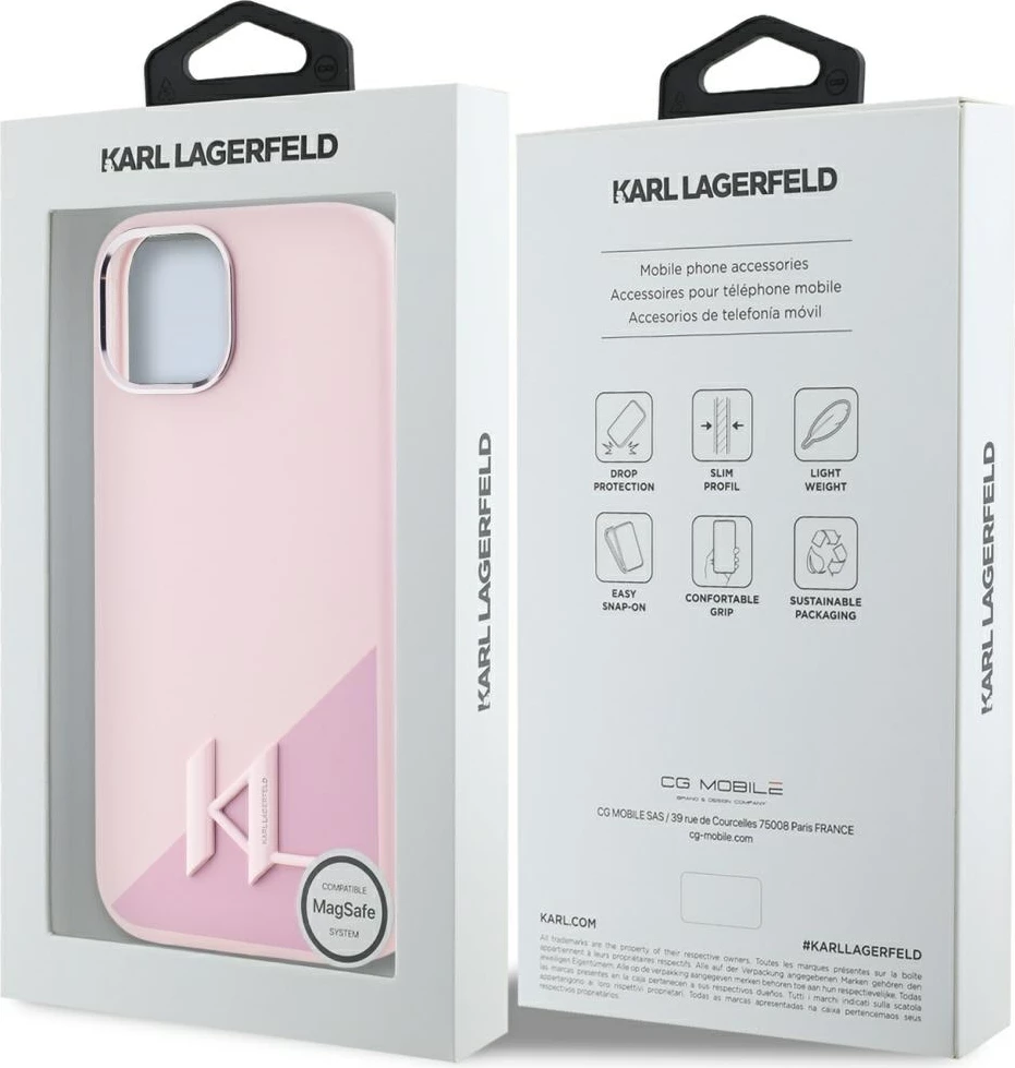 Mbështjellës Karl Lagerfeld Silicone Shadow Metal Initial MagSafe për iPhone 15, Rozë