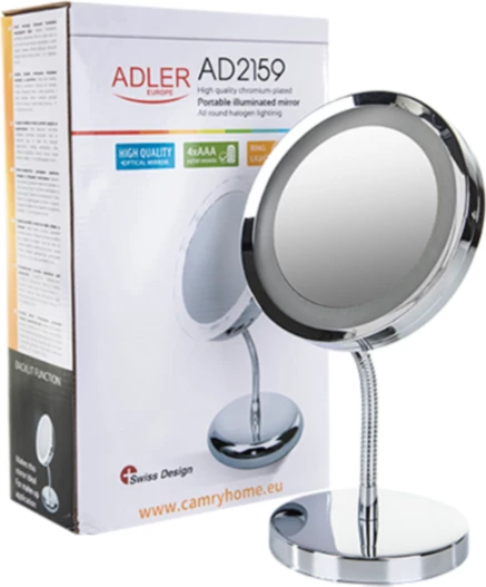 Pasqyrë kozmetike me ndriçim ADLER AD2159, zmadhim 3x, 15 cm, LED, 4x AAA, krom