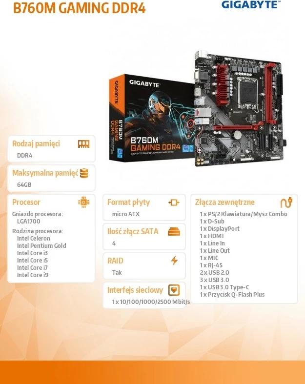 Pllakë amë Gigabyte B760M GAMING DDR4, micro ATX, Socket LGA1700, e zezë