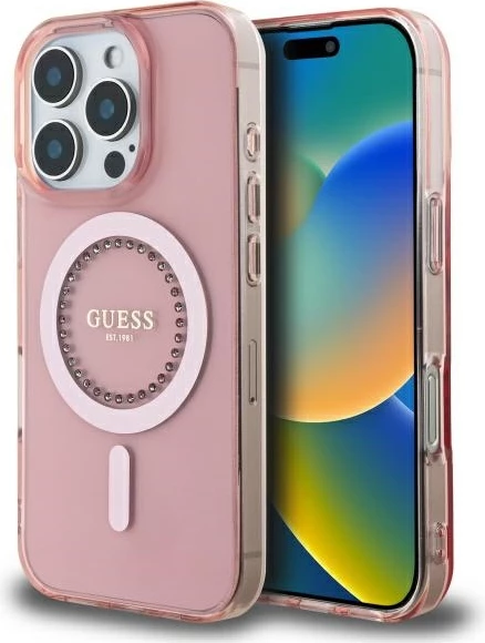 Mbështjellës Guess IML Rhinestones MagSafe për iPhone 16 Pro, Rozë
