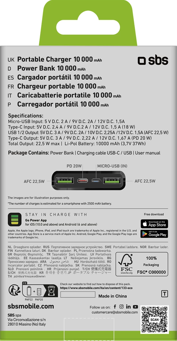 Powerbank SBS TTBB10000FASTPD20K 10000 mAh 20W, e zezë