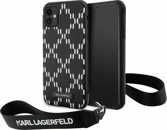 Mbështjellës Karl Lagerfeld Monogram Losange Saffiano për iPhone 11/XR 6.1", i zi, me rrip