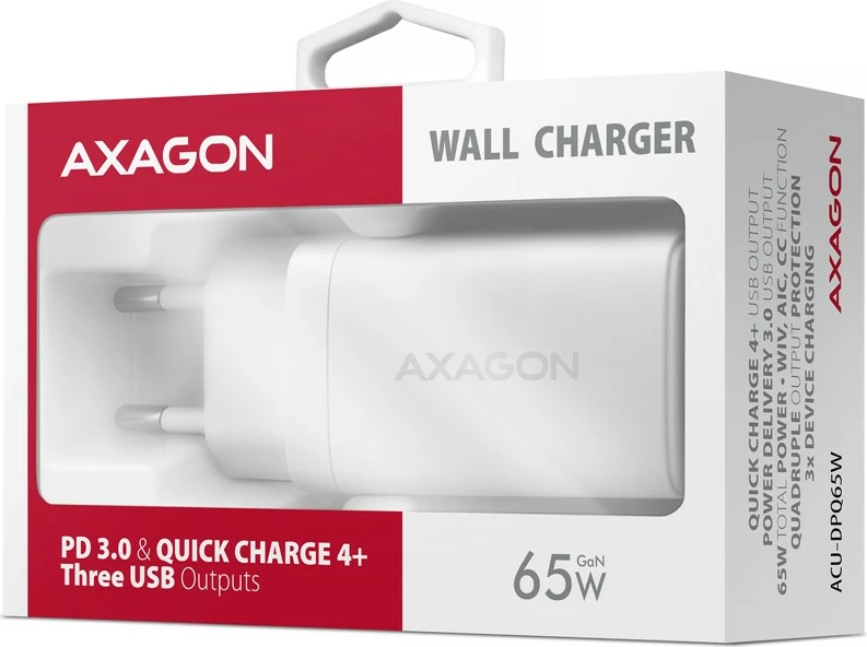 Karikues mural GaN, AXAGON ACU-DPQ65W, 65W, 3 porta (USB-A + 2x USB-C), PD 3.0/QC 4+/PPS, i bardhë