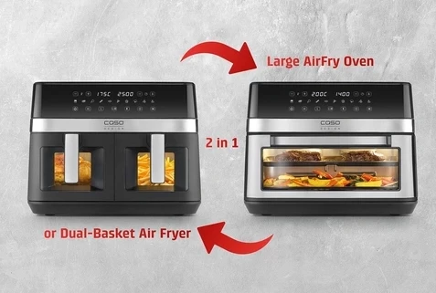 Fritezë me ajër të nxehtë CASO AirFry DuoChef 3186, 14 L, 2200 W, 2-in-1 furrë, e zezë/argjendtë