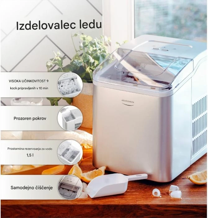 ledomat Adler AD8086, 12 kg/ditë, 9 kube/cikël, kapak transparent, vetëpastrim, e bardhë