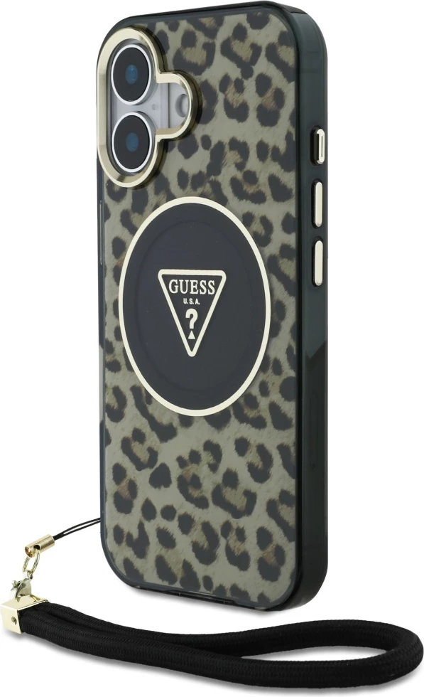 Mbështjellës Guess HC IML Leopard Triangle Cord Strap për iPhone 16, MagSafe, Kafe