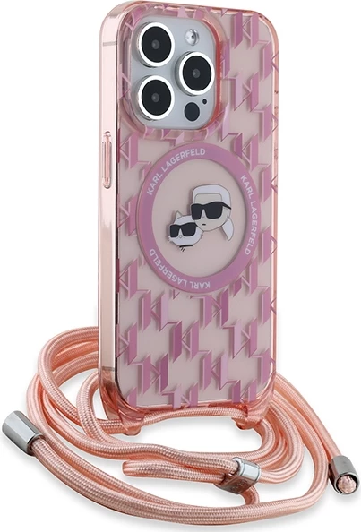 Mbështjellës Karl Lagerfeld IML Crossbody Monogram Karl & Choupette Head MagSafe për iPhone 15 Pro Max, Rozë