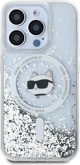 Mbështjellës Karl Lagerfeld Liquid Glitter Choupette Head MagSafe për iPhone 15 Pro, Transparent