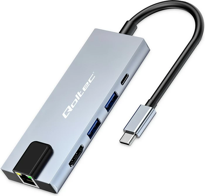 Adapter USB-C 5-në-1 Qoltec 53795, HDMI 4K, RJ45, 2xUSB, USB-C PD 100W, Grafit