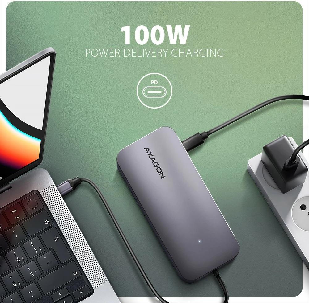 Multiport hub AXAGON HMC-6GM2, 6-në-1, USB-C 10Gbps, HDMI 4K/60Hz, M.2 NVMe/SATA, SD/microSD, PD 100W, Gri