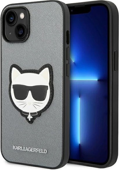 Mbështjellës Karl Lagerfeld KLHCP14MSAPCHG për iPhone 14 Plus 6.7", Saffiano Choupette Head Patch, argjendtë