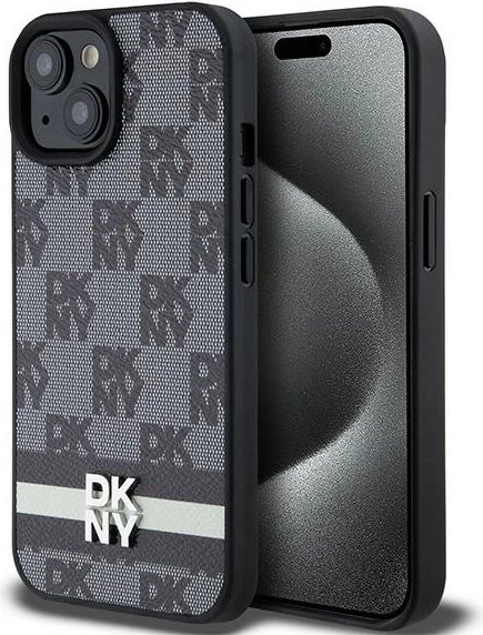 Mbështjellës DKNY Leather Checkered Mono Pattern & Printed Stripes për iPhone 13/14/15, i zi